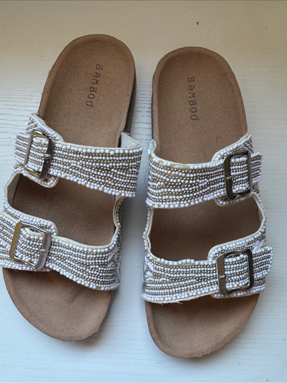 BAMBOO White Beaded Double Buckle Slide Sandals
